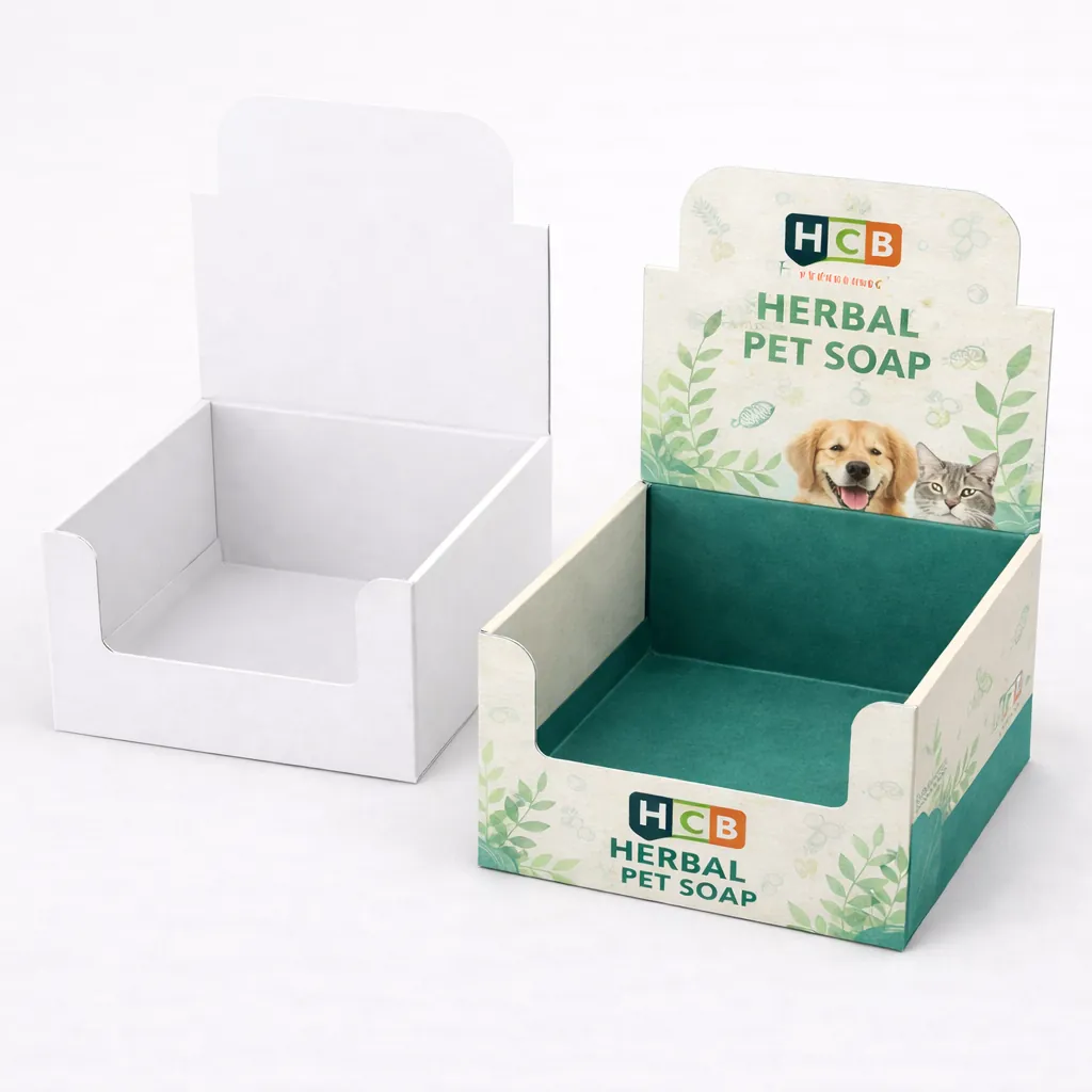 Retail counter display boxes featuring a header with a dog illustration and colourful pet-themed branding. class=